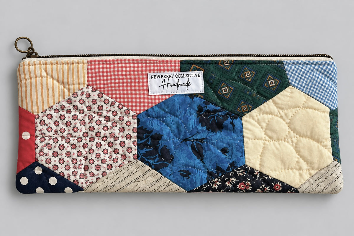Zipper Pouch: Handmade Vintage Quilt 12”x5”